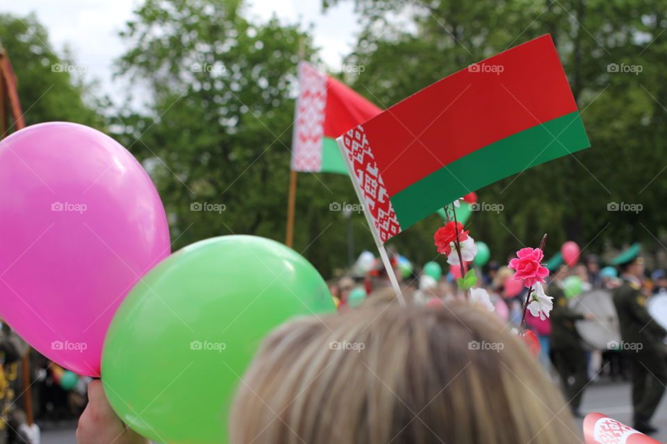Flag of Belarus, flag of the Republic of Belarus. A parade dedicated to the Victory Day. May 9, 2017. Belarus, Gomel. Reportage photo.