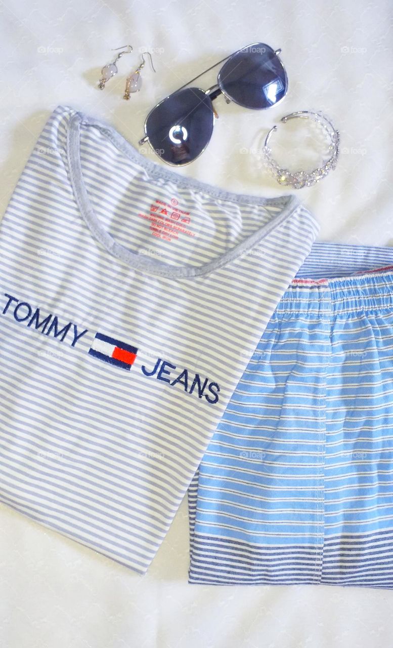 Summer outfits - pair of shorts, T-shirt, sunglasses, earrings, bangle for ladies/girls