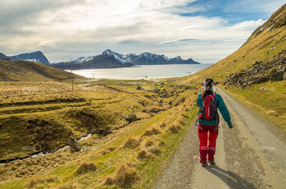 hiking in Lofoten, picture of my wife returning from a hikingtrip in Lofoten