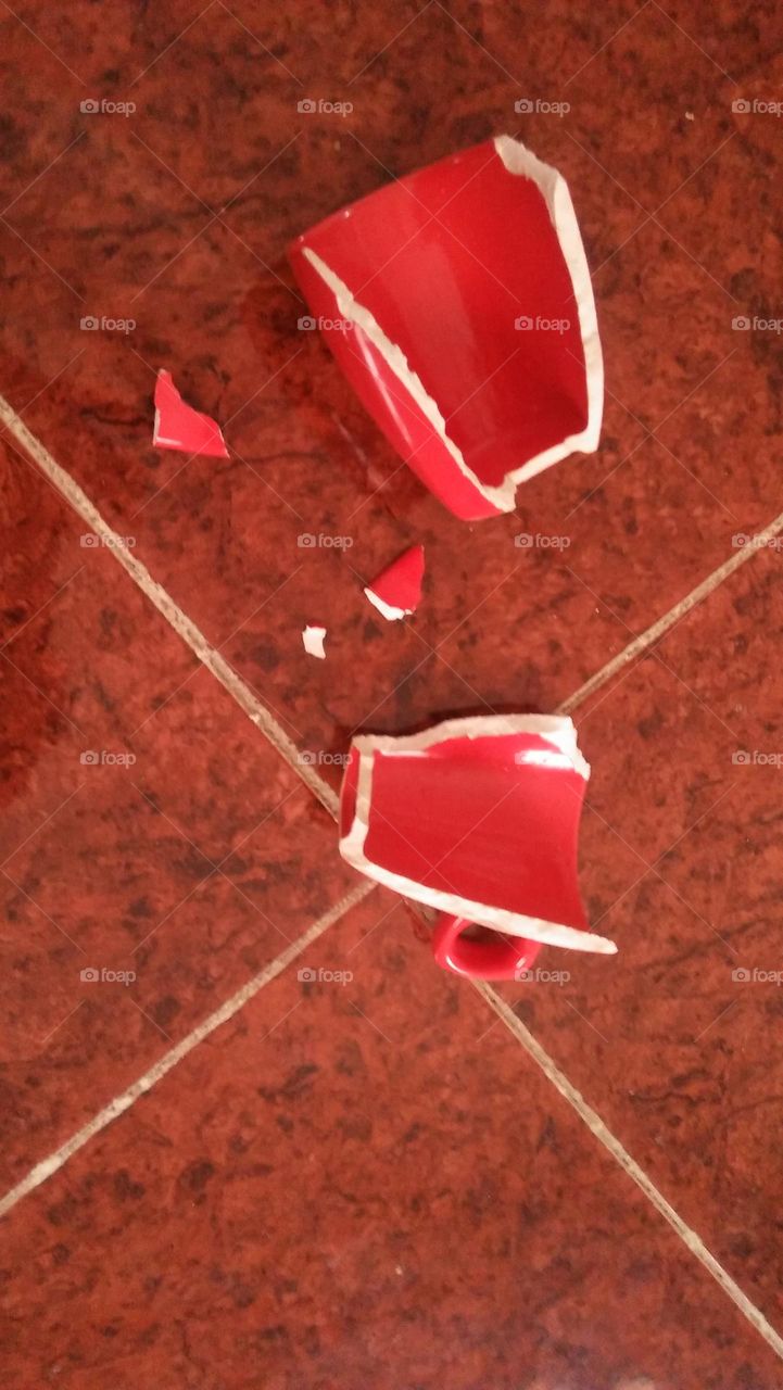 Pieces of a broken red cup.