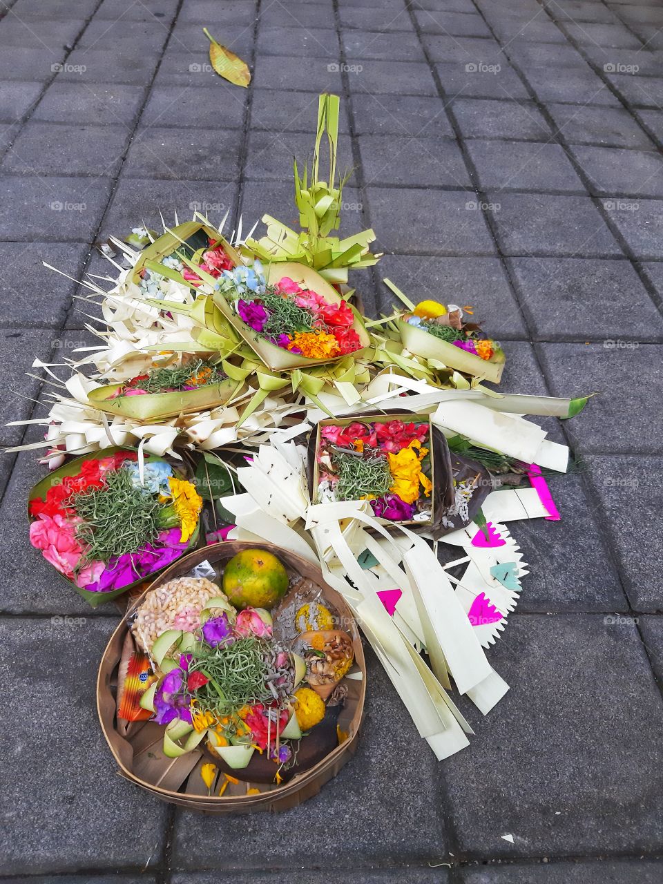 Colorful balinese offerings that was made of natura materials