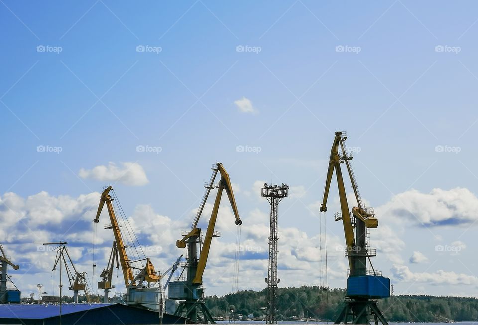 Cargo cranes in the sea (river) trade port