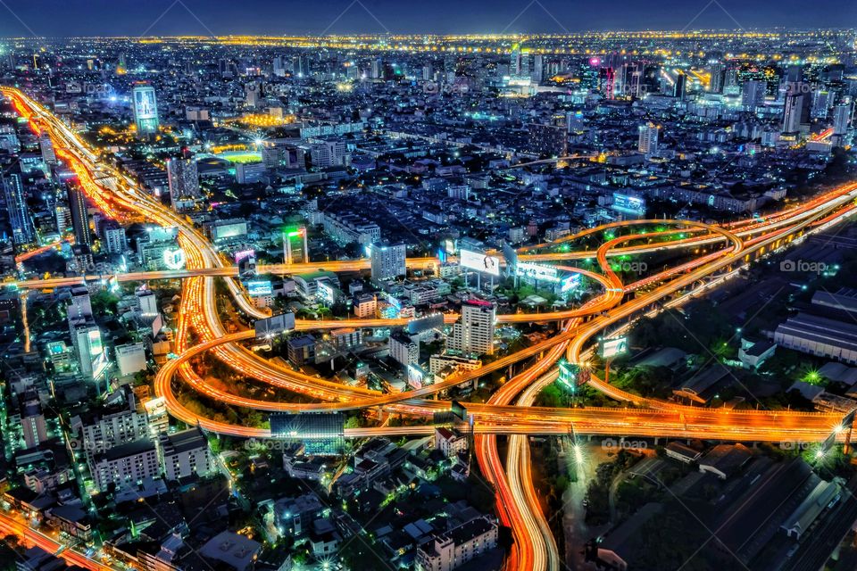 Thailand-February 14 2020:View of Beautiful vehicle light on express way from Baiyoke Tower in Bangkok