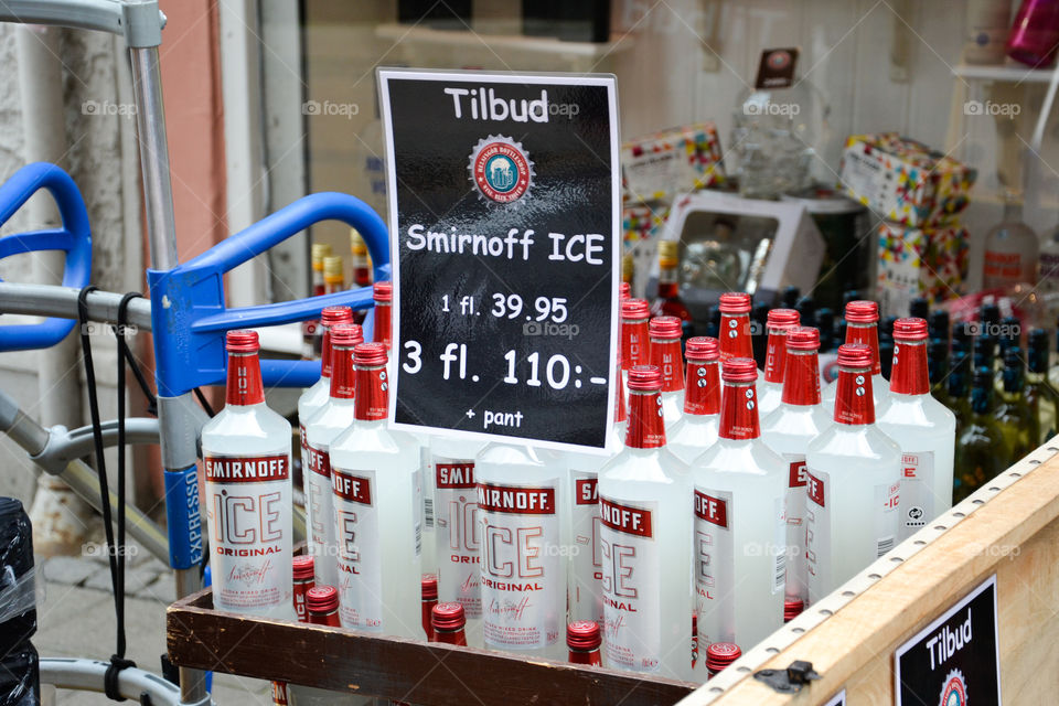 Alcohol on sale next to a store in Denmark.