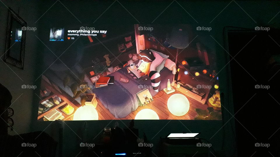 geek video projector wall dark racoon zen light bedroom