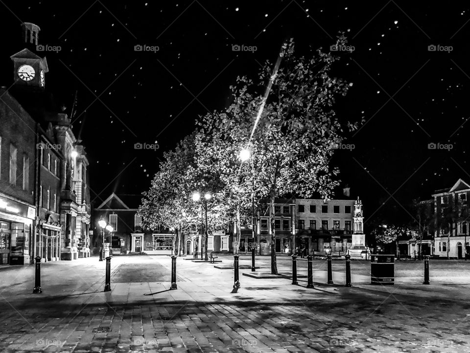 Black and white photograph of town square in the market town of East Retford, Nottinghamshire UK.