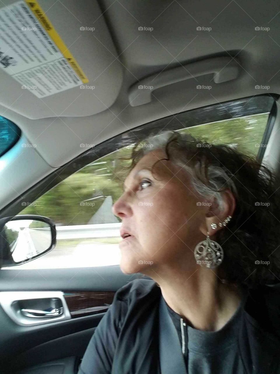 Passenger deep in conversation traveling in car.