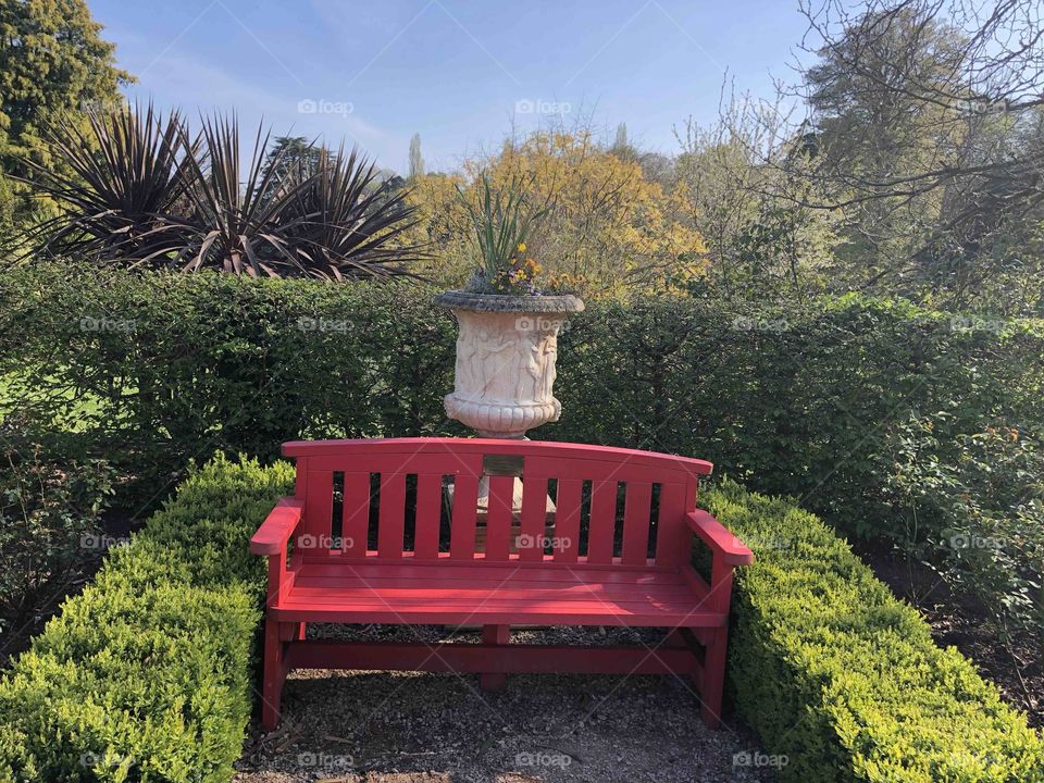 Eye catching bench on a lovely spring day at Bicton Gardens, Devon, UK