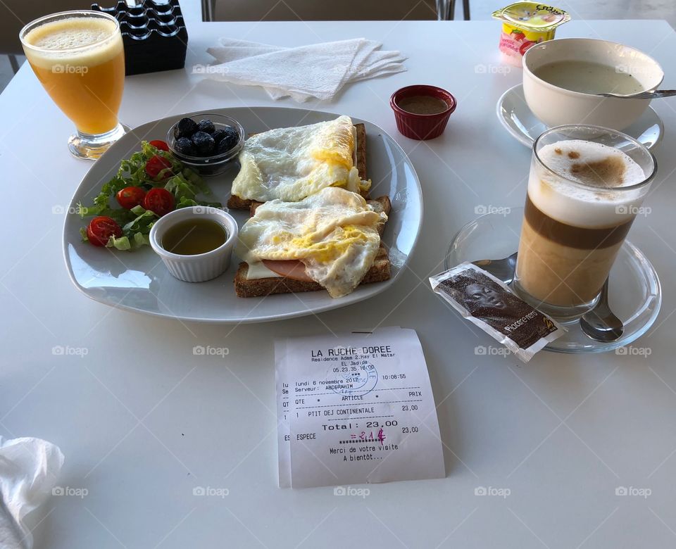 Breakfast bread eggs toast coffee soup Danone it cost 2euros in Morocco 