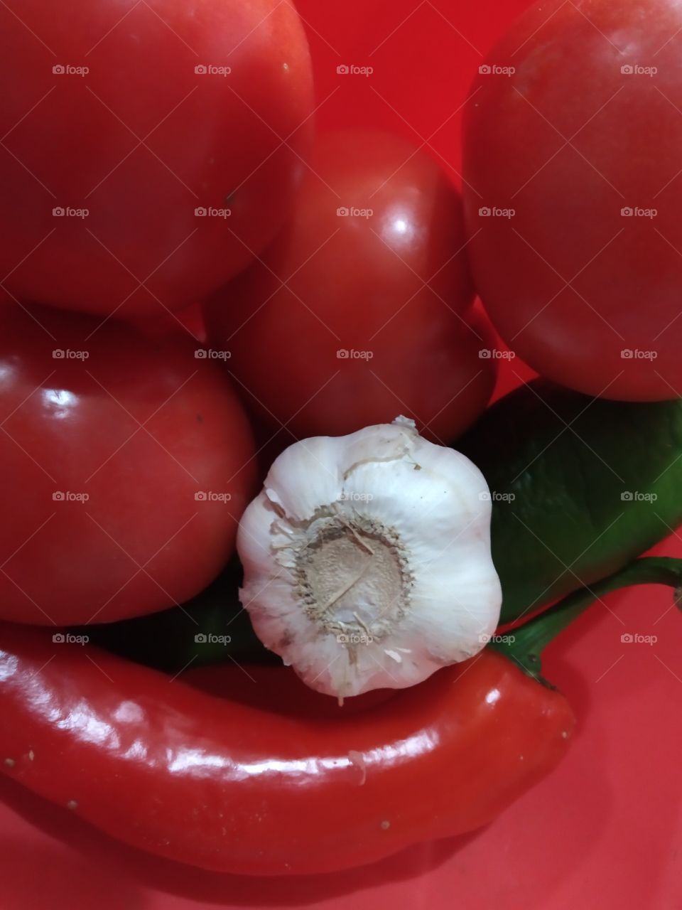 Garlic, Peppers and Tomato