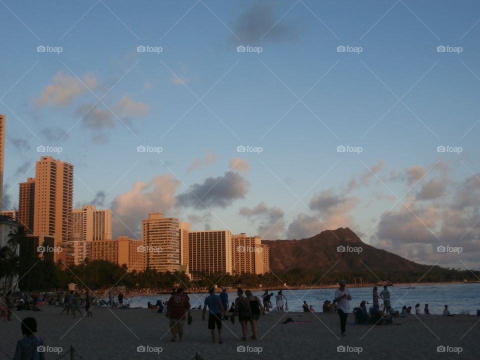 Dusk at Diamond Head . The view from Waikiki beach