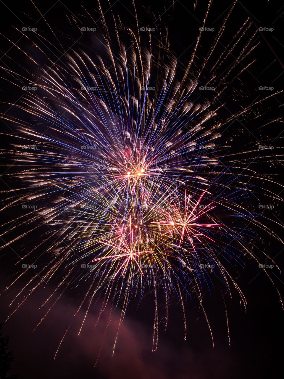 Vertical photo of red, blue, purple and orange fireworks exploding in the night sky