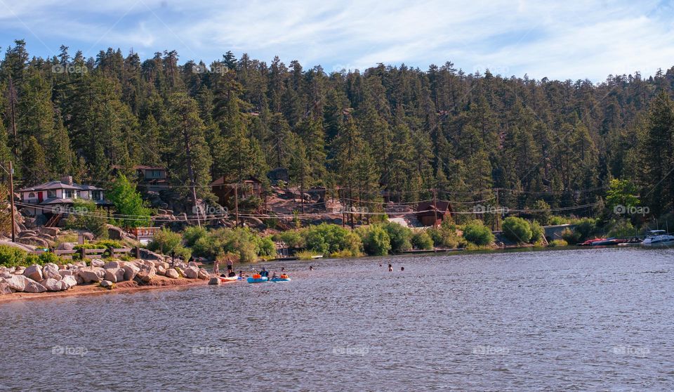 A beautiful day out on the lake with tress and houses in the background 