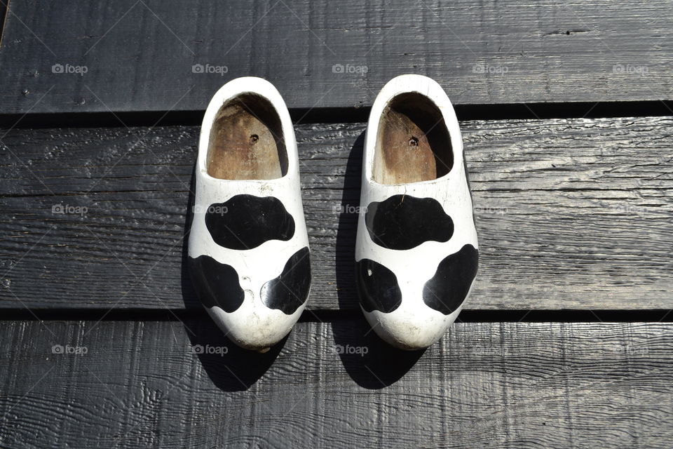 Dutch wooden shoes.. Cow pattern wooden shoes.