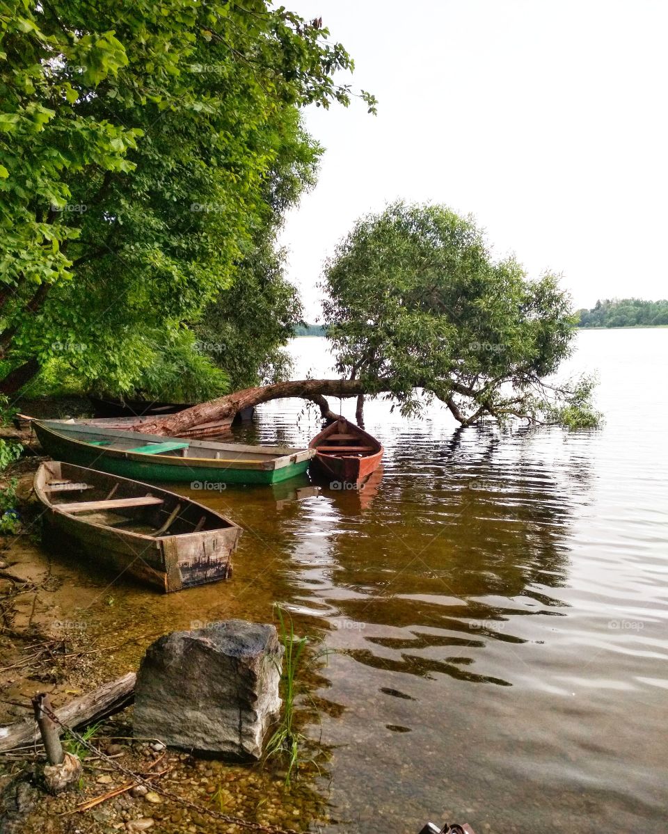 Озеро со старыми лодками утром на рассвете