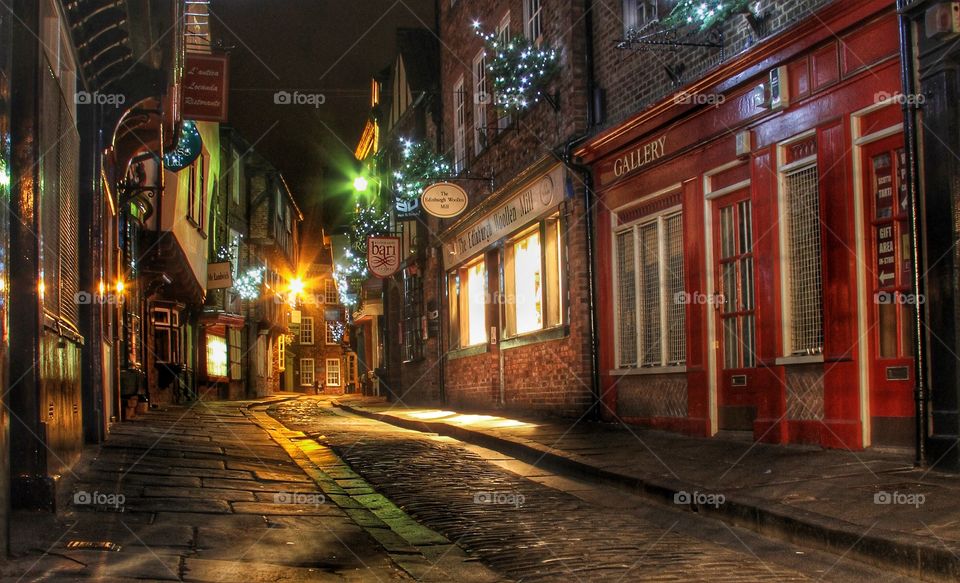 The Shambles At Night. The Shambles in York at night from a low viewpoint. A medieval street in the heart of England.