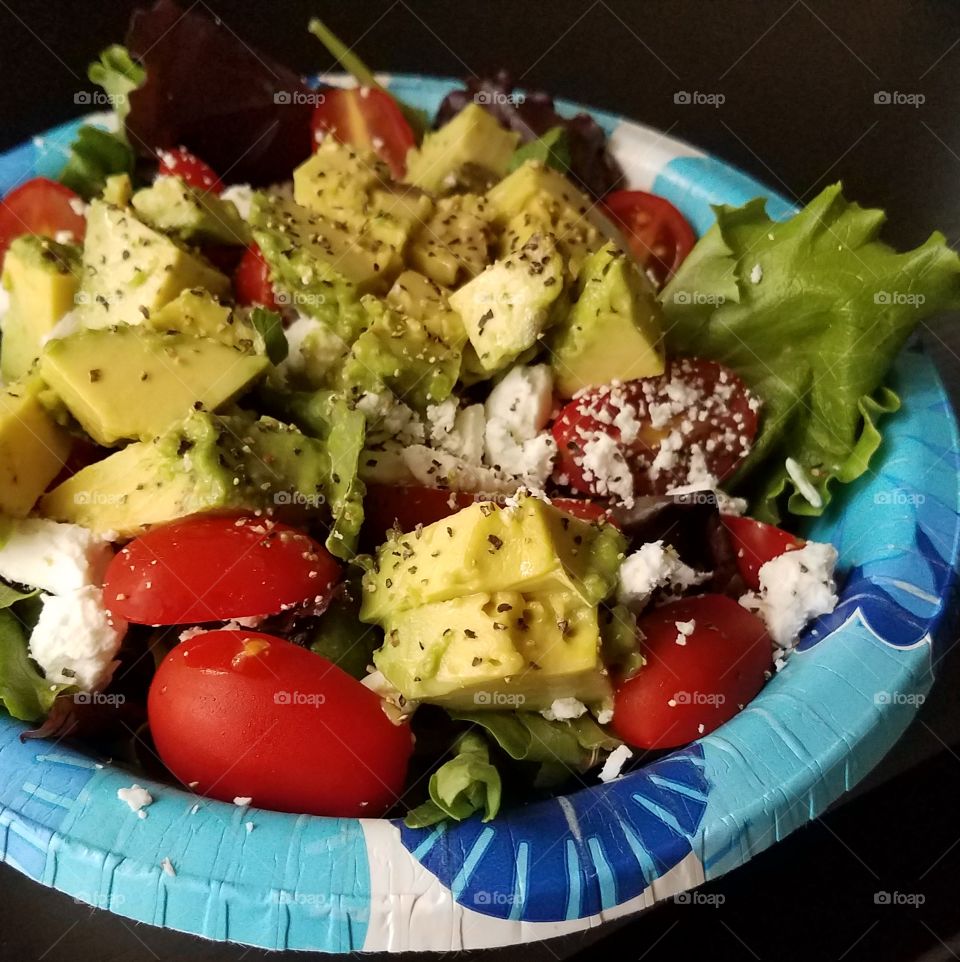 Summer Salad- Avocado, goat cheese,  tomato, and Spring Greens with Balsamic