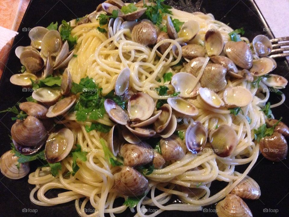 Close-up of tasty noodles with clam