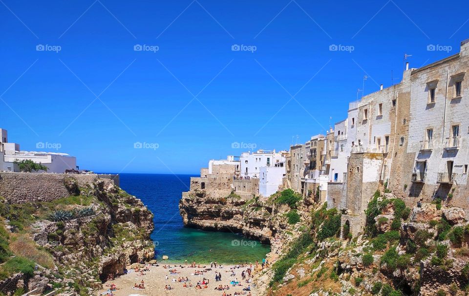 View of the famous beach in Polignano a Mare, around Bari, Italy🇮🇹🏖️