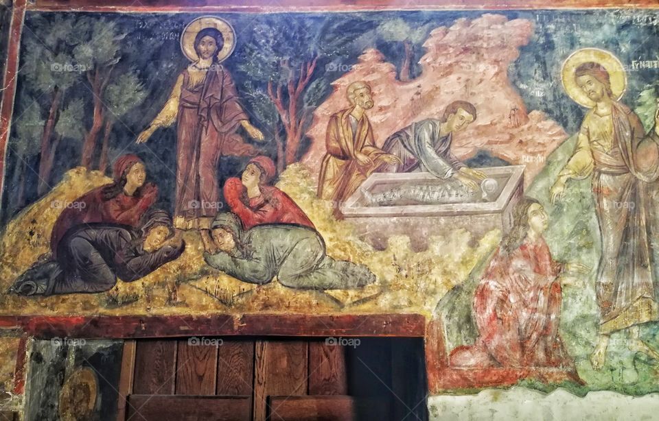 Church in Bulgaria, Nessebar. Southern, Eastern Europe. Black Sea 2018. Baroque and Renaissance. Fresco presenting Jesus, faithful and grave with mummy ;)