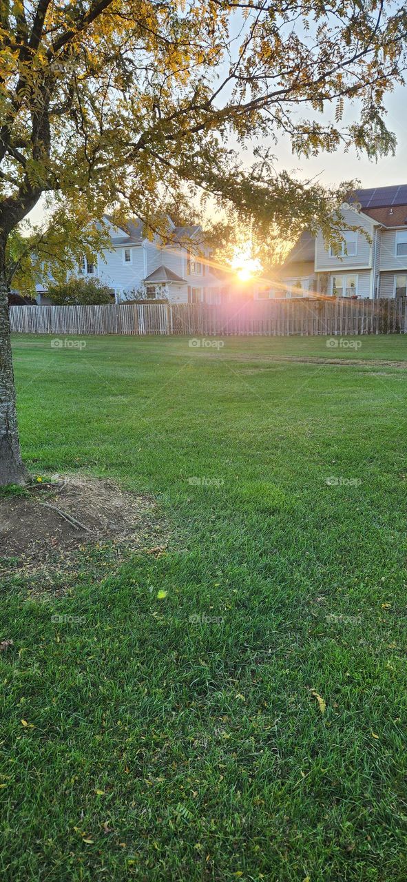 Fall season day with unset behind houses