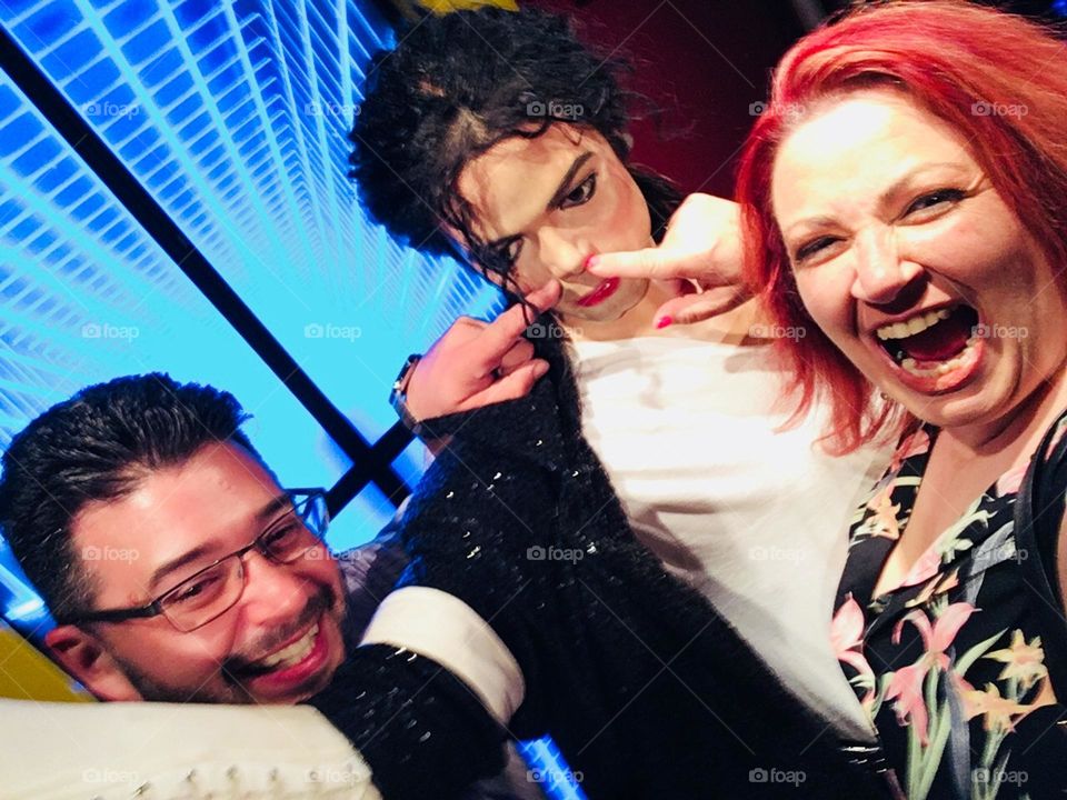 Hubby and I having fun at the wax museum with Michael Jackson 