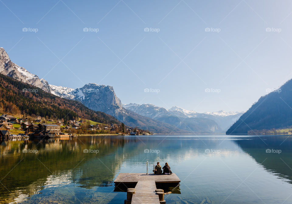 Beautiful morning by lake in alps