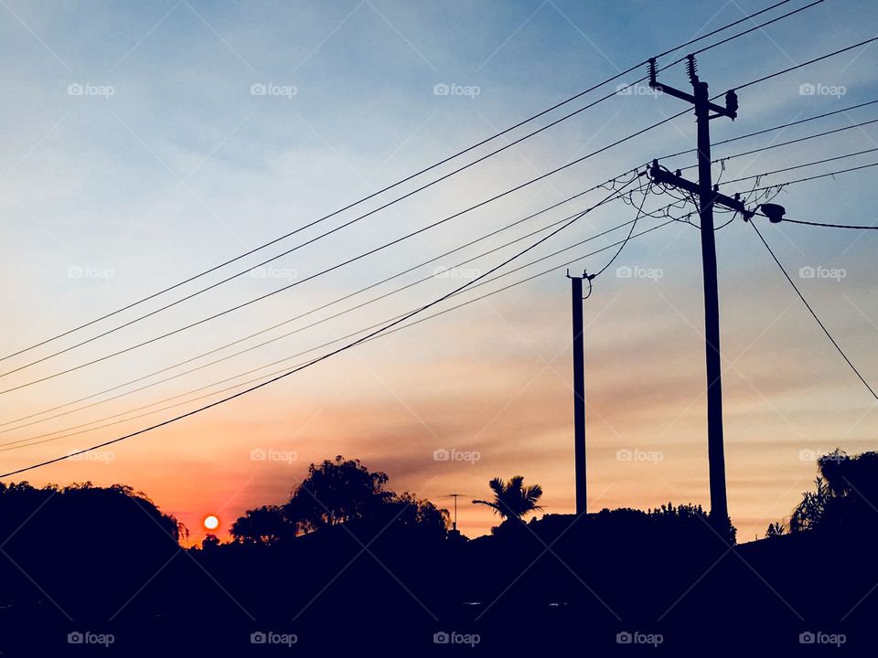 Silhouette of trees, power poles and powerlines against a beautiful sunset. 
