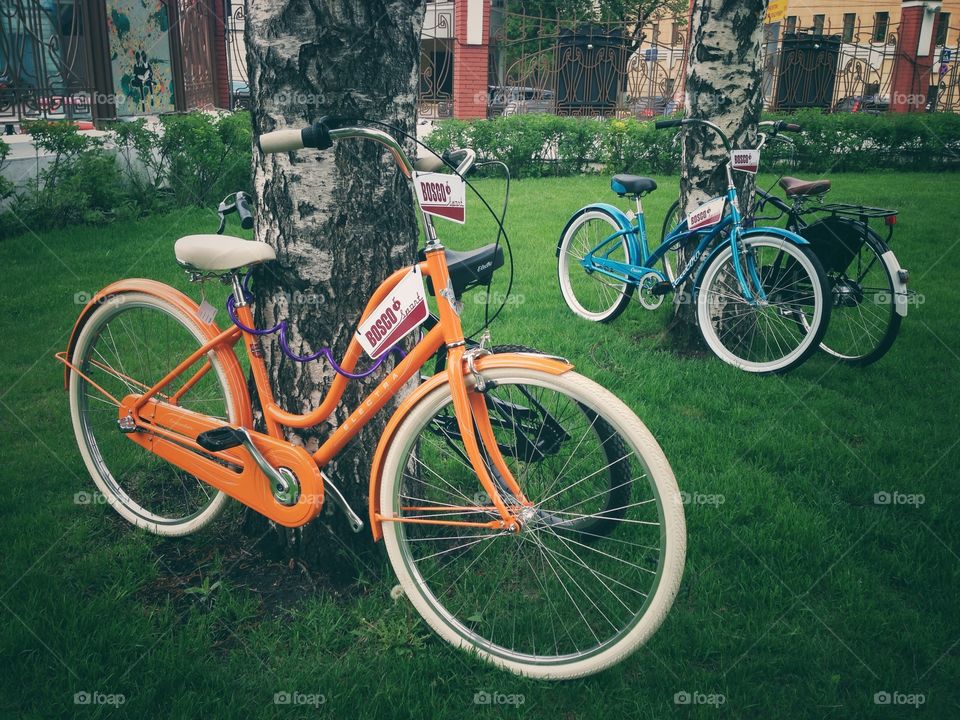 Colored electra bicycles on bosco fresh fest music festival in Moscow, Russia