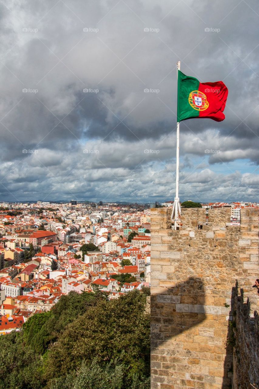 View of castle and rooftops, Lisbon, Portugal