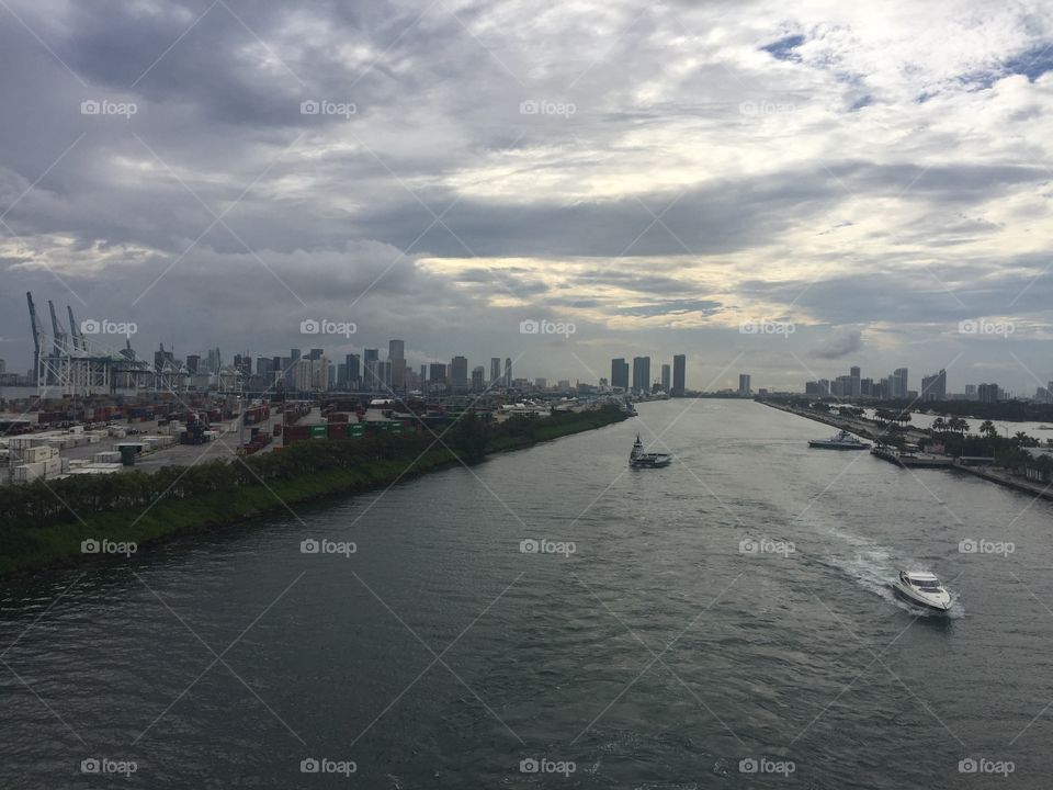 Cloudy Miami skyline & view of cruise port