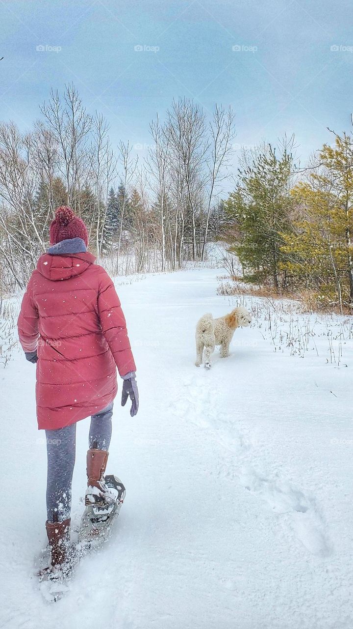 walking the dog with snowshoes