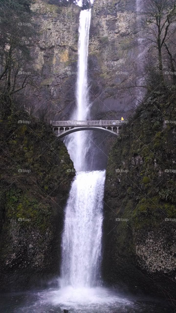 View of bridge against Multnomah Falls