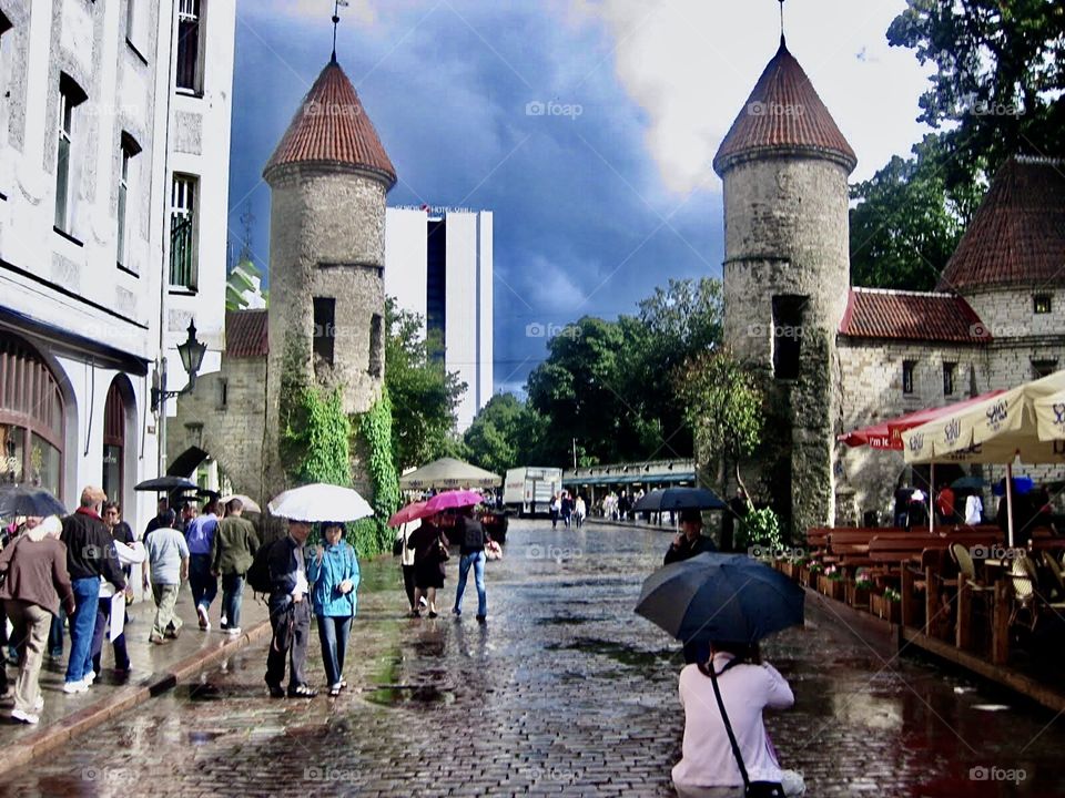 Heavy rain at thae gates of Old town Tallin, Estonia