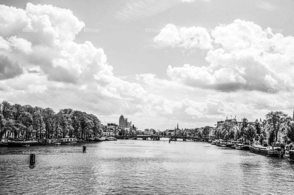 View On The Amstel River At Amsterdam The Netherlands In Black And White