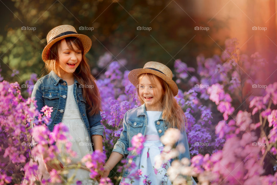 Little sisters in a blossom meadow at sunset 