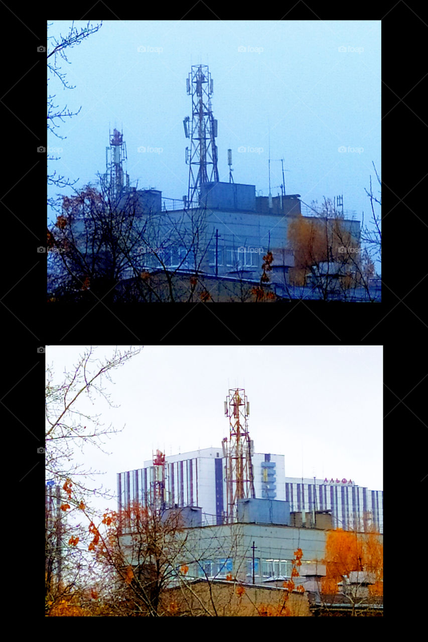 Two comparison photos: autumn fog in Moscow