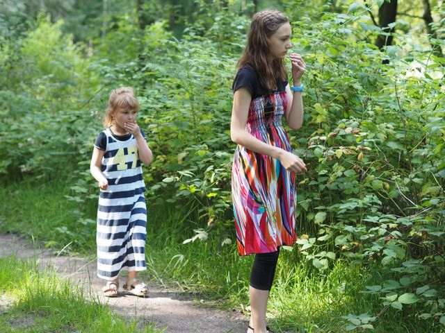 Picking raspberries. Two girls in a park picking and eating raspberries