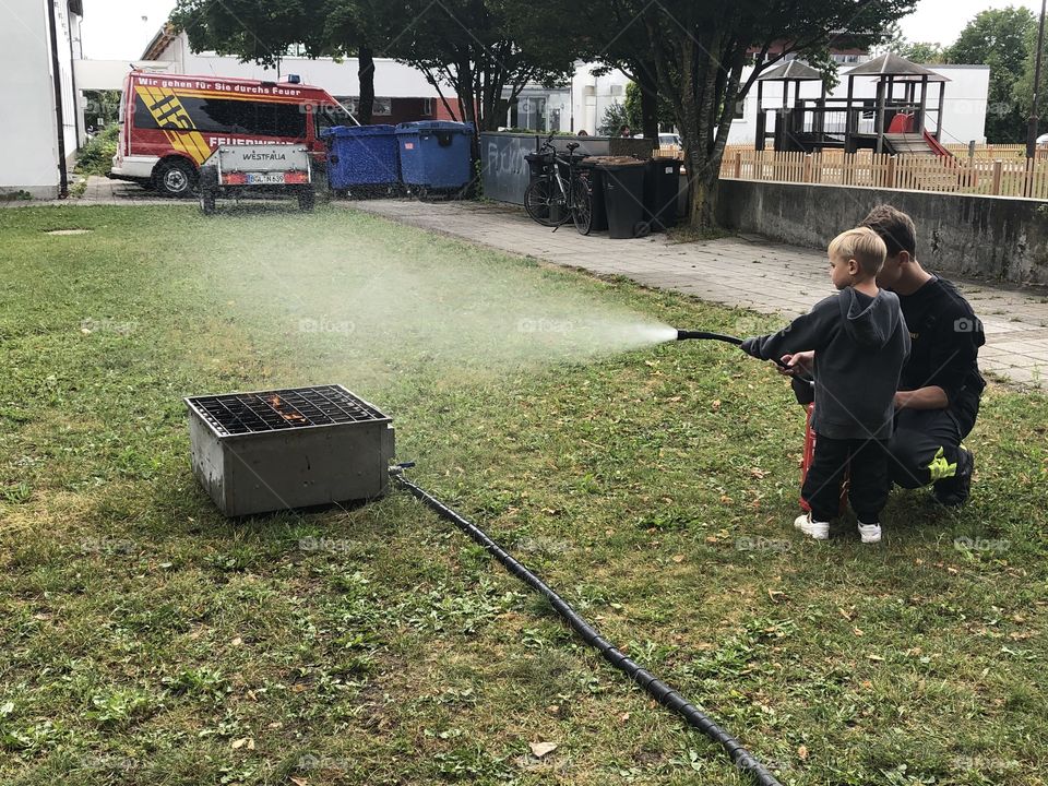 People, Flame, Hose, Environment, Vehicle