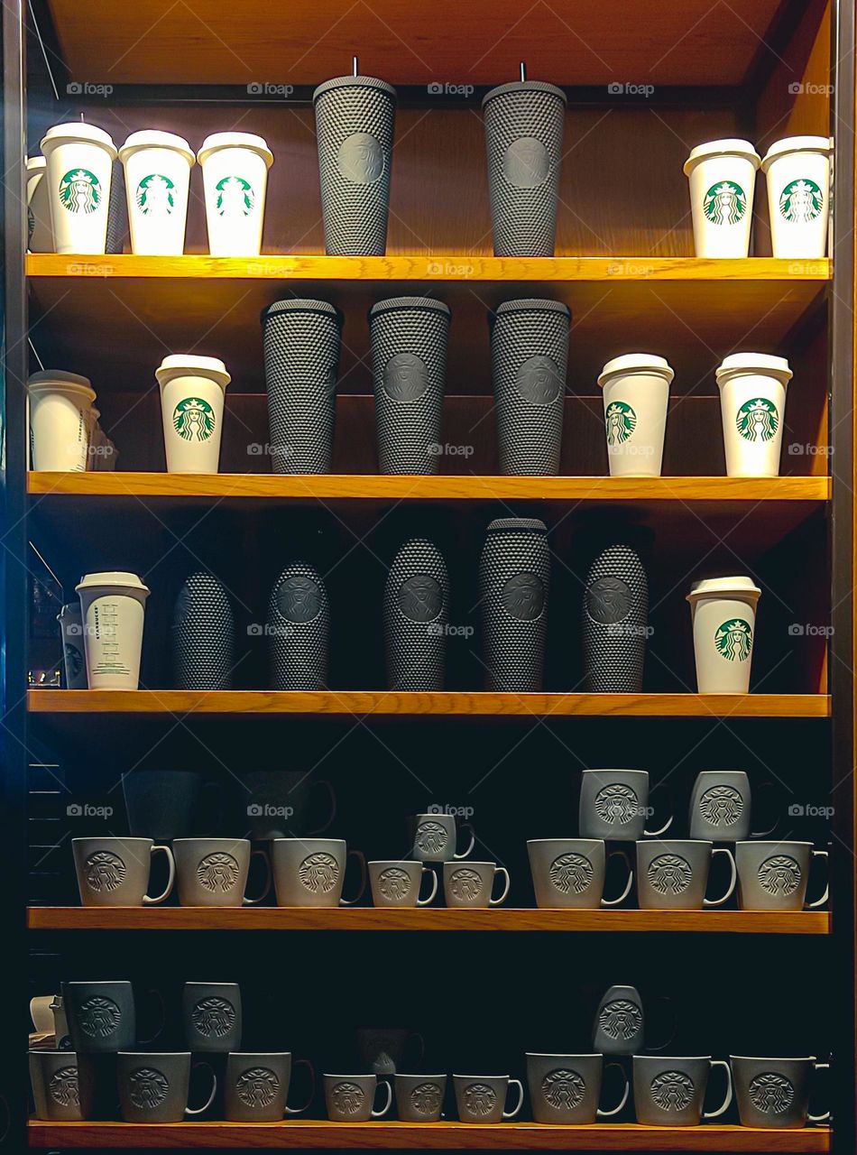 Enjoying some coffee at Starbucks . and mugs . I'm a mugs collector