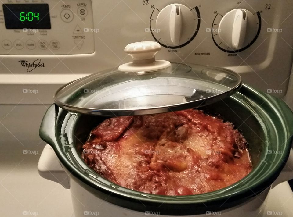 Crock Pot Ravioli 

-- 3 Ingredients
Frozen Ravioli  (cheese or beef)
Marinara Sauce
Shredded Mozzarella 

Layer into pot and cook 4-5 hours on low!