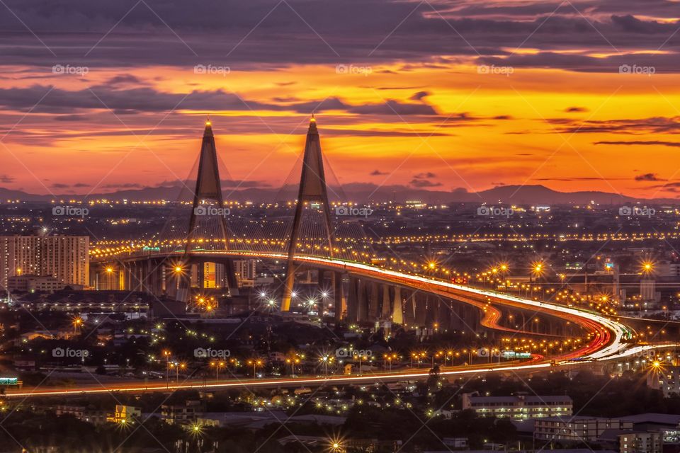 S curve of vehicle on the Bhumibol landmark bridge in Bangkok Thailand
