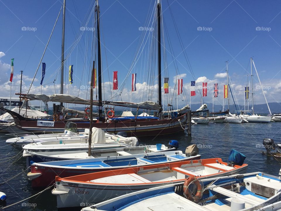 European flags in the harbor at Lake Garda, Italy
