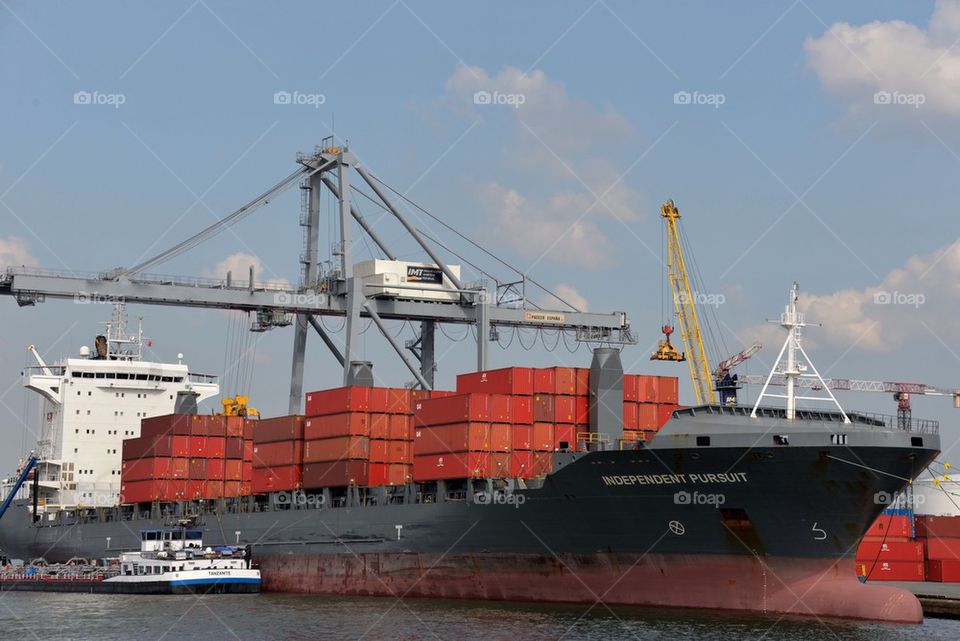 A container ship at the port of Antwerp.