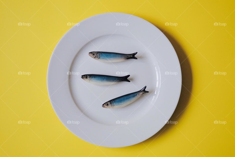 Directly above view of porcelain plate with three porcelain sardines isolated on yellow background. 