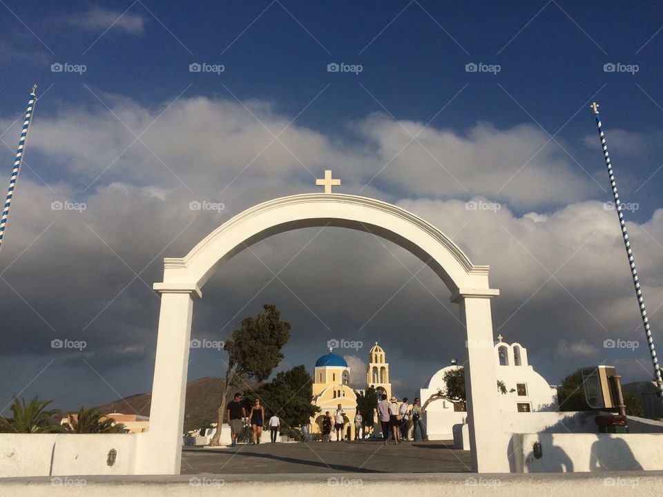 Church on Santorini . Famous landmark, beautiful church on Santorini, Mediterranean sea, Greece 