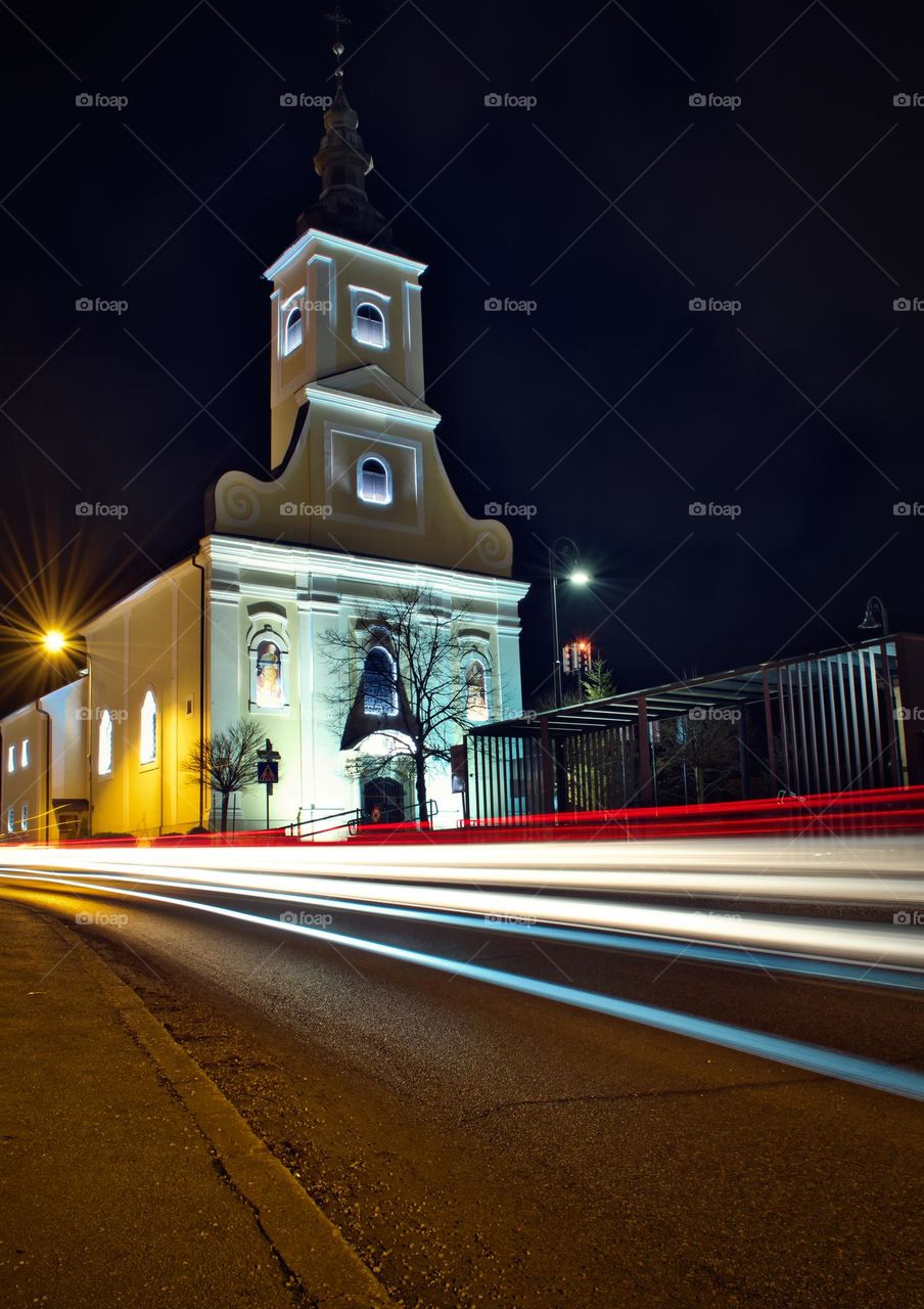 Long exposure of church with car light trails at Zabok, Croatia, county hrvatsko zagorje