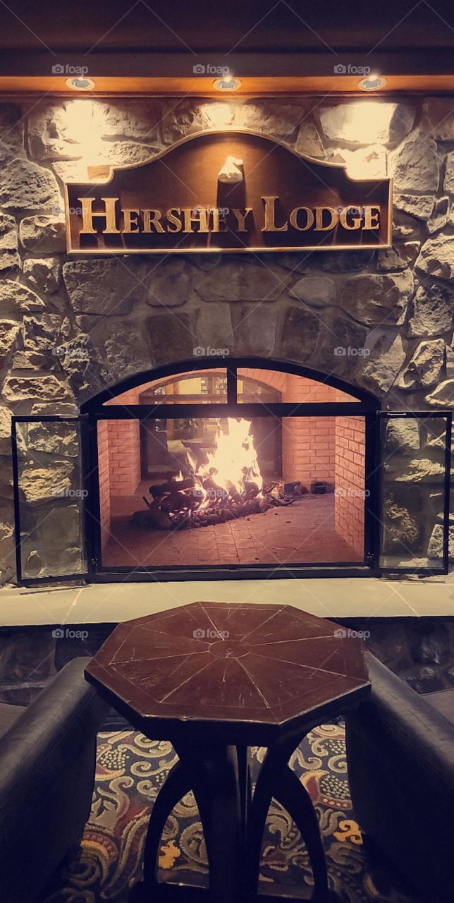 Warm fireplace at the historic Hershey Lodge