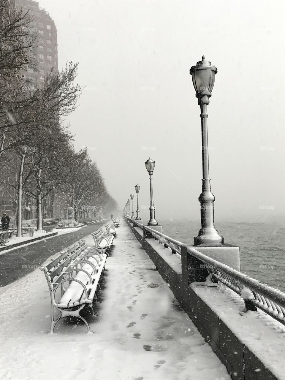 Snowy Walkway Battery Park New York 