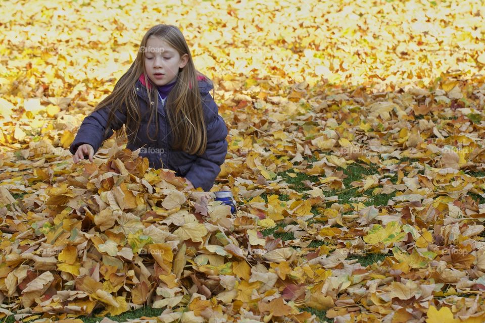 Young girl playing in autumn leaves